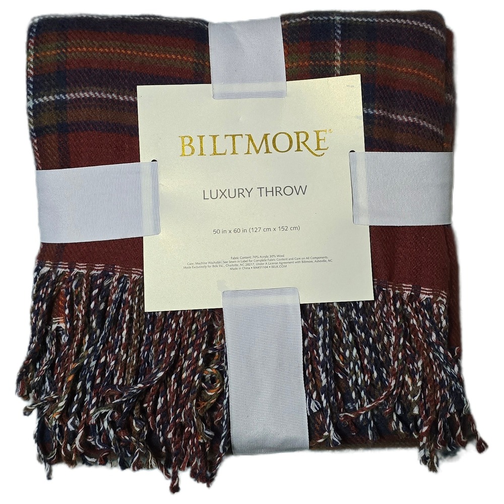 Biltmore Luxury Throw Plaid Red Blue Brown Fringe 50‎ x 60 Wool Acrylic( AA)